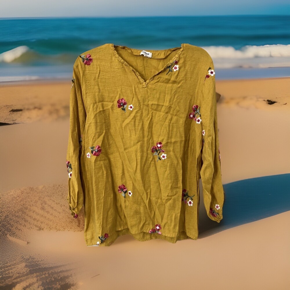 KINDRED Embroidered Floral Mustard Yellow Blouse Top Petite Size PXL Boho Chic